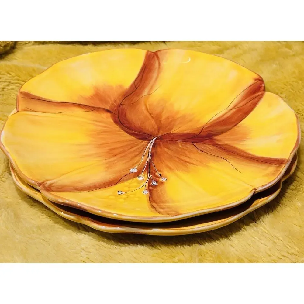 Gates Ware Flower Shaped Ceramic Plates Set Of 2 Spring Summer Orange hibiscus
